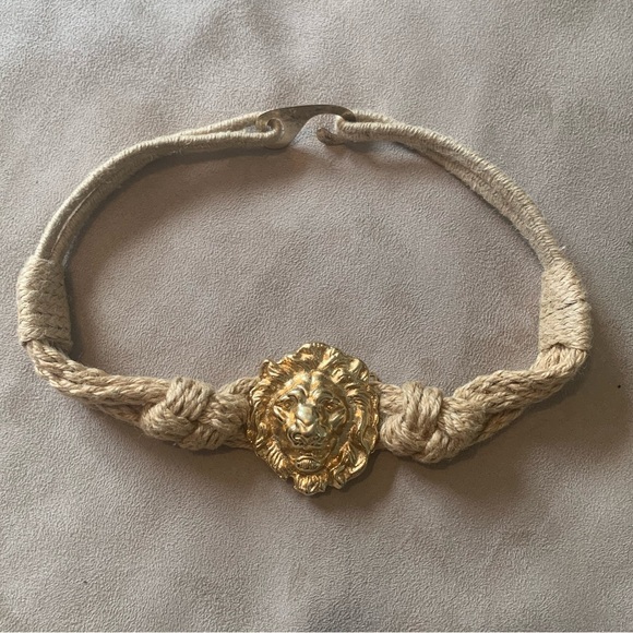 Vintage Anne Klein Gold Lion Buckle Tan Rope Belt